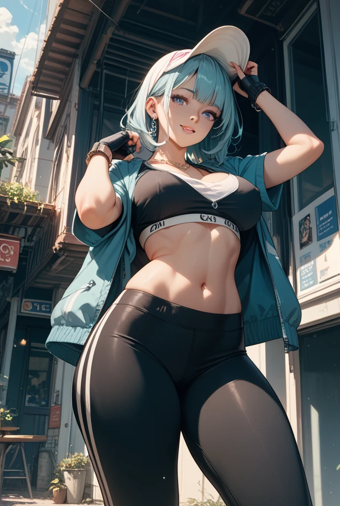 (Best quality), (masterpiece), (ultra detail), A cute girl, highly detailed face, indifferent facial expression, teal crystal eyes, turquoise hair, french braid, full body, in the country side castle in England like , BREAK, (black yoga leggings) ,  ( tight black cropped t-shirt) (navel showing )