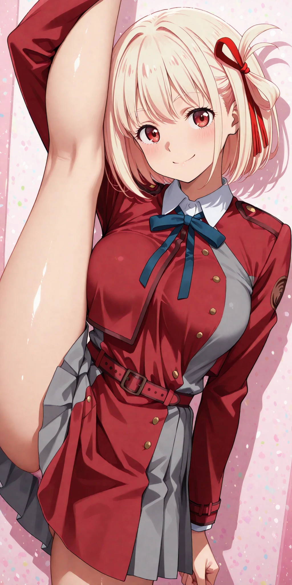 masterpiece, Highest quality, 1 person,( Large Breasts,Are standing, View your viewers,),Detailed Background、A person who writes in detail、Accurate human body、Knowledgeable person、Accurate 5 fingers,Mature Woman,Thighsが太い,Curvy Body, Nishikigi chisato, Bobcut, Hair Ribbon,Wrists above head,Cyclone \(Just once\),Long sleeve、Thighs、alone,((Uniform sake, Two-tone dress, Red dress, Grey Dress, Neck ribbon, Long sleeve,Short skirt)),((Absolute area)),,method, (Man's house), netorare, different, Grab, Heterosexual,sexual behavior,Faceless man fingering,Embarrassed face、Sweating all over the body、vapor、high school girl