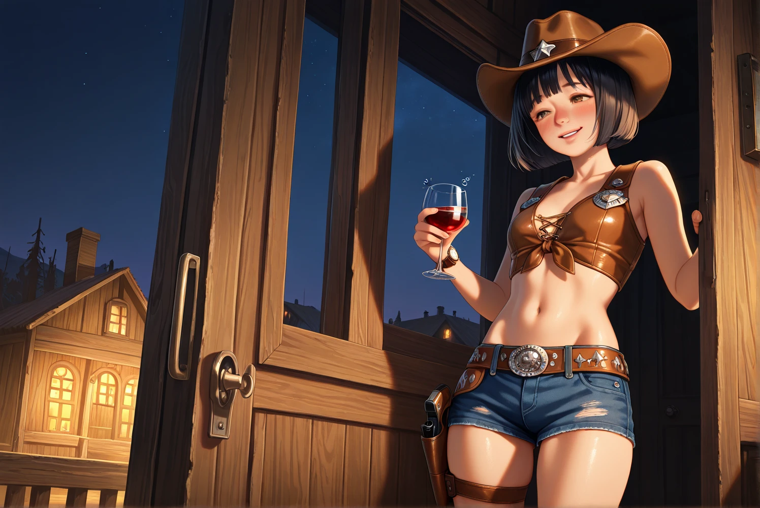 (((1 person:2.0))),(((NSFW:1.8)),(((Nude:2.0))),(((Sexy female gunfighter:1.9))),(((Wear a gun belt with a holster:1.5))),((Wear a watch on your wrist:1.5))),(((Cowgirl Costume:1.5))),(((Exposed thin inner thighs))),(((Small breasts:1.5))),(((Bare arms))),(((Wearing Sandals:1.5))),((Blushed:1.8)), Beautiful detailed girl, Very detailed目と顔, 緻密でBeautiful Eyes, Very detailed, High resolution, Highest quality, masterpiece, Very detailed, 8k wallpaper, wonderful, finely, Highest quality,(Standing in front of a wooden wall),Beautiful Eyes,((Engage your audience:1.5)),((Full body shot:1.6)),((Place your right hand on your chest:1.5)),((Drinking whiskey:1.4)),(((Drunk,Strong hiccups:2.2))),(((Are standing:1.5)))