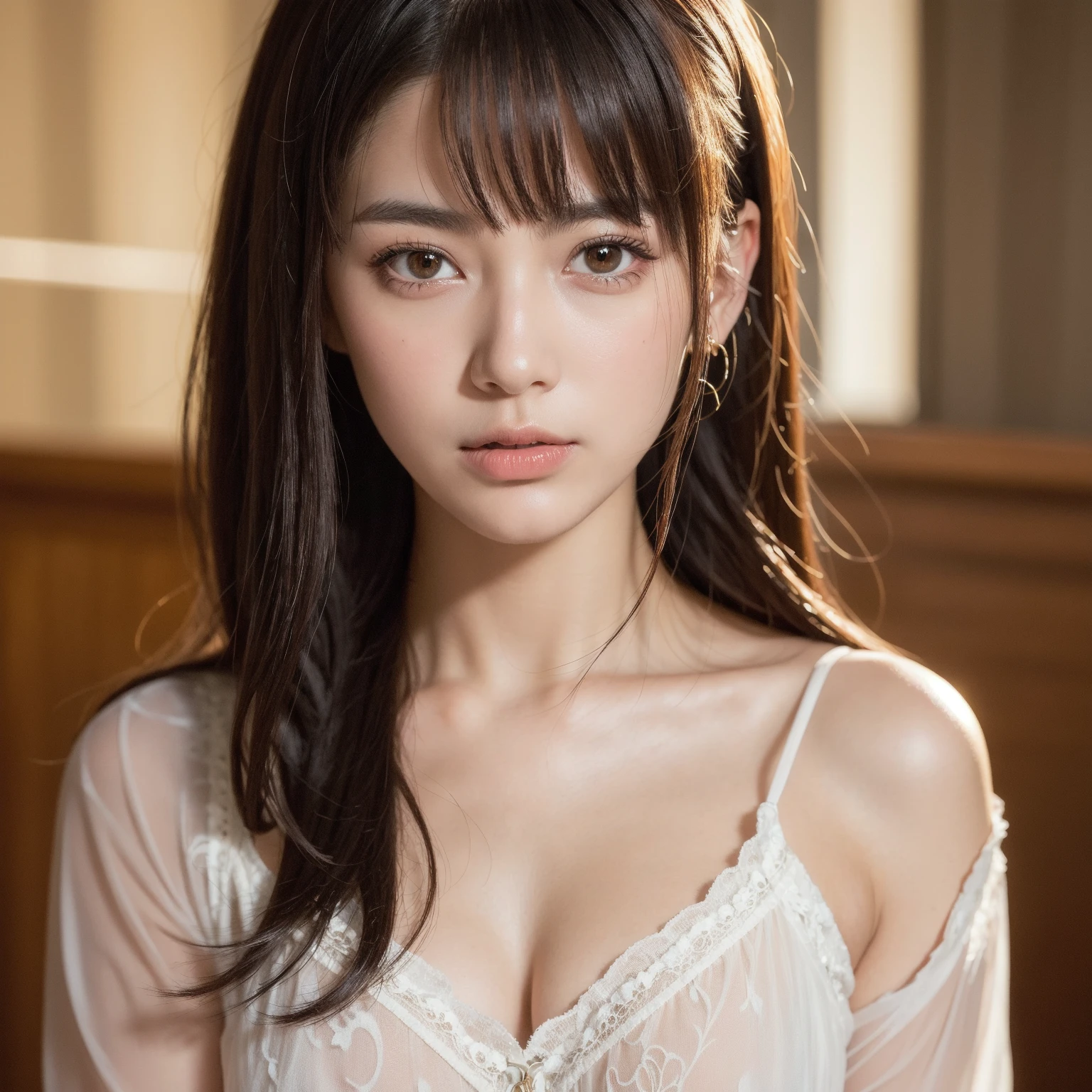 best quality, face focus, soft light, ultra high res, (photorealistic:1.4), RAW photo,
1japanese girl, solo, cute, (pupil, lights in the eyes),  detailed beautiful face, (small chest),(high resolution detail of human skin texture),
(long hair),
indoor,
Damask Shirt Dress,
(portrait)