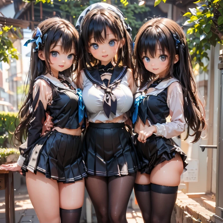(((masterpiece, highest quality, High resolution, 超High resolution, Perfect Pixel, Depth of written boundary, 4K, RTTX 10.0))), Beautiful Anime Woman, Beautiful art style, Anime characters, ((Smooth texture, Realistic texture, Anime CG Style)), Exact finger count、Exact number of legs、(Exact number of arms:1.0, Exact number of hands:1.0), (Perfect hands, Perfect Anatomy), Cinematic, Realistic, Extremely detailed CG, Daytime lighting, Perfect lighting, Best Shadow, The best natural light, whole body, Perfect body, (Slender body:1.2), ((Long Hair, bangs, Dark brown hair, Stylish hairstyle)), ((Three pretty women walking side by side with drinks in their hands:1.6)), ((Bow tie around neck, High heels:1.3), (Sexy and cute blue underwear:1.3), (Stylish shiny blue satin panties, Side-tie panties:1.3), (Thin panties:1.3), (Blue micro lace satin bra, Thin bra:1.3), (garter belt, Knee socks:1.3):1.3), (beautiful and very large breasts:1.2), (Beautiful and thin thighs:1.3), (Short torso:1.3), Feeling embarrassed, (blush:1.2), (Very embarrassed look:1.4), (At an outdoor amusement park, Roller coaster and Ferris wheel behind, Happy people in the background々, Cafe:1.3), naked, In underwear, Waitress in underwear, Maid Headband, whole body, Angle from the front