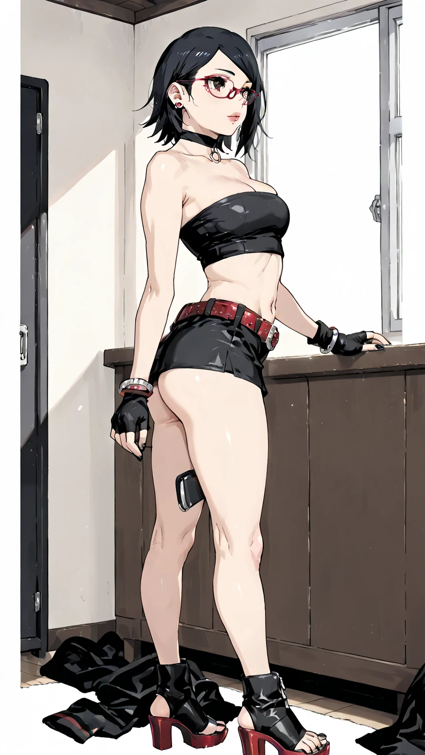 (plain background, masterpiece, best quality, ultra-detailed, best shadow, best rendering: 1.2) (1girl) (8k) (photorealistic:1.4) best quality, ultra high res, highly detailed eyes, Sexy pose, cleavage cutout, female white long hair in yellow bikini with tiger stripes on it, abs, full body, tanned skin, high heels, tiger tail, slave collar on neck, elf female, tattered clothes, shackles on arms and legs, red navel tattoo, abs, stomach exposed