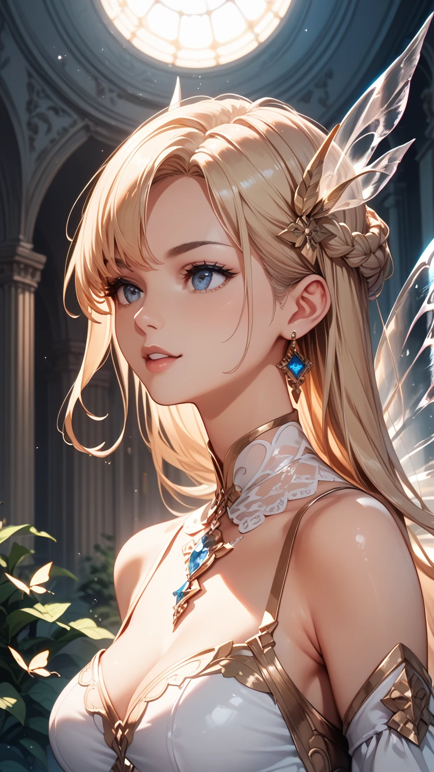 young girl, longue blonde hair, elf ears, white eyes, angel wings, Naked, gold tattoos, Masterpiece, hiquality