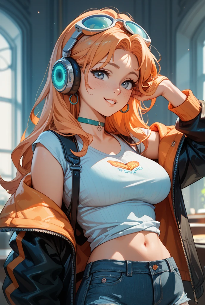 ((top quality)), ((masterpiece)), ((Detail)), perfect face, perfect body, wear headphones, wearing tight clothing, listening to music, sitting on a bench, park background