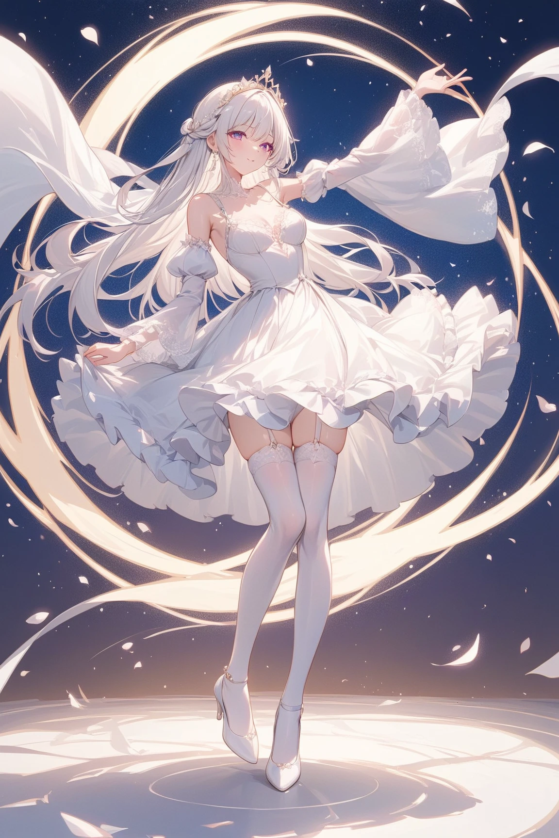 ((best quality)), ((masterpiece)), ((1 girl)), alone, ferry, ((long hair)), ferryBase, ((High Leg Raise)), Bare shoulders, ((jewelry)), ((Sleeveless)), White dress, Blue skirt, ((Gloves)), Thigh high, from behind