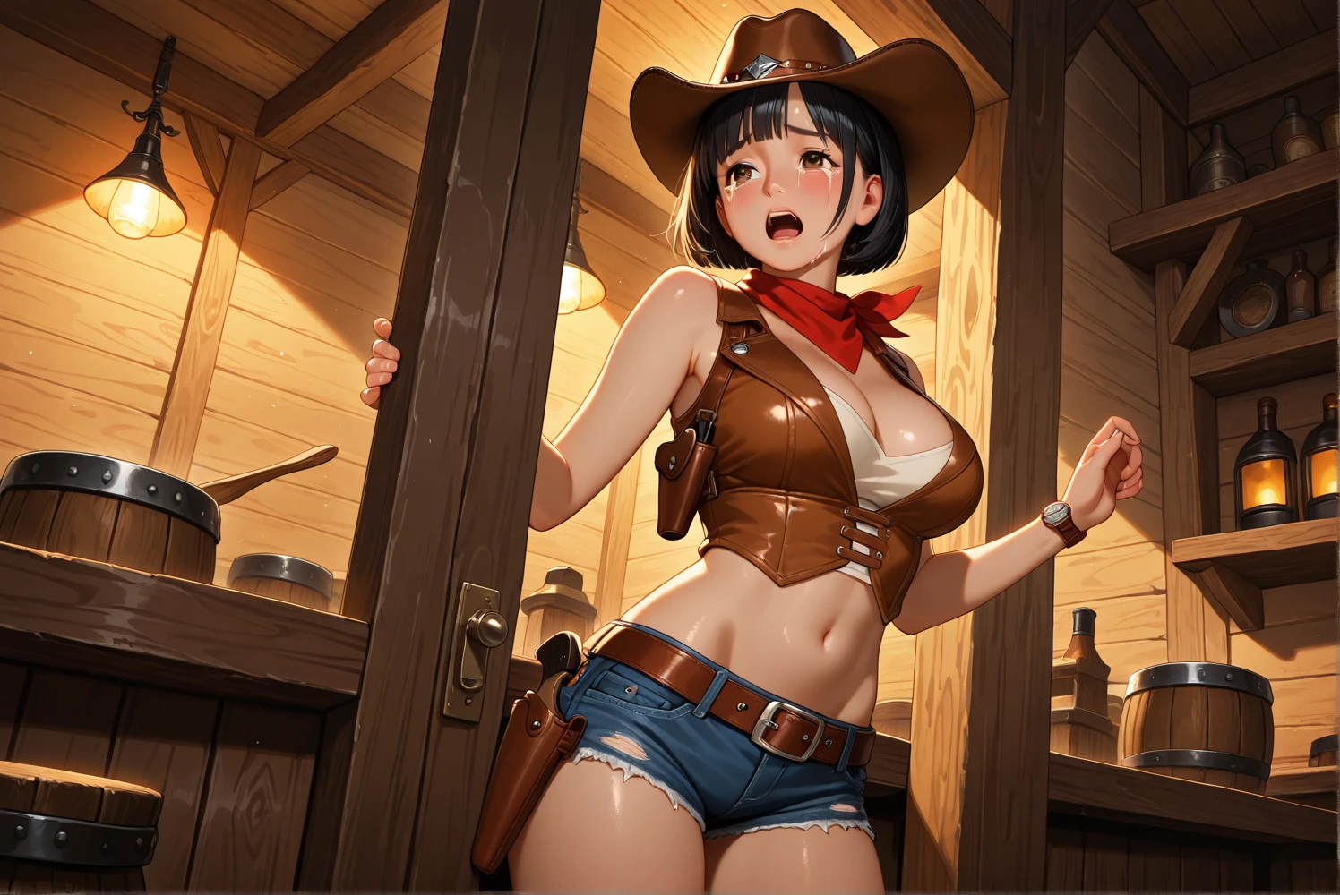 (((One beautiful naked cowgirl:2.0))),(((NSFW:2.0))),(((Nude:2.0))),(((Brown gun belt with holster:2.0)),((Wear a watch on your wrist:1.5))),((Blushed:1.8)), Beautiful detailed girl, Very detailed目と顔, 緻密でBeautiful Eyes, Very detailed, High resolution, Highest quality, masterpiece, Very detailed, 8k wallpaper, wonderful, finely, Highest quality,(((Standing in front of a wooden wall:2.0)))),Beautiful Eyes,(((Full Body Shot:5.0))),((Drinking whiskey:1.4)),(((Place your hands on your chest:3.5))),(((Drunk:1.8))),(((Crying face:1.8))),(((Are standing:1.2)))