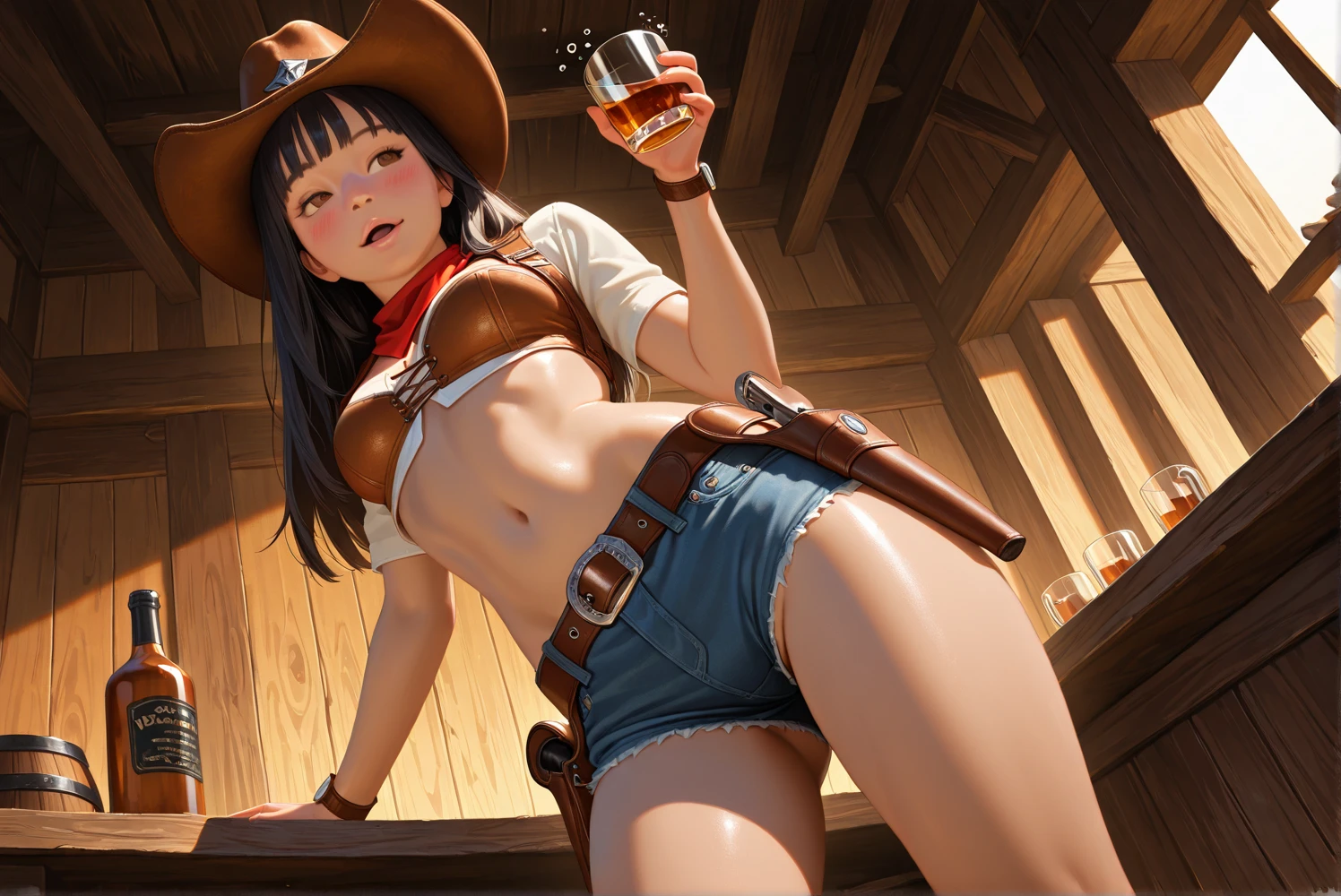 (((1 person:2.0))),(((NSFW:1.8)),(((NUDE:2.0))),(((Sexy female gunfighter:1.9))),(((Wear a gun belt with a holster:1.5))),((Wear a watch on your wrist:1.5))),(((Cowgirl Costume:1.5))),(((Exposed thin inner thighs))),(((Small breasts:1.5))),(((Bare arms))),(((Wearing Sandals:1.5))),((Blushed:1.8)), Beautiful detailed girl, Very detailed目と顔, 緻密でBeautiful Eyes, Very detailed, High resolution, Highest quality, masterpiece, Very detailed, 8k wallpaper, wonderful, finely, Highest quality,(Standing in front of a wooden wall),Beautiful Eyes,((Engage your audience:1.5)),((Full body shot:1.8)),((Place your right hand on your chest:1.5)),((Drinking whiskey:1.4)),((She is very scared:2.8))),(((Are standing:1.5))),(((Close ~ eyes:1.0)))