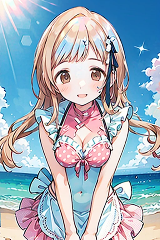 a girl standing in shallow ocean water under a clear blue sky. She has a sun-kissed complexion and long, light brown hair with soft waves cascading over her shoulders. She is wearing a two-piece swimsuit with a strap around the neck; the top is bandeau-style with a halter neck strap, featuring a coral pink color with white polka dots. The top has a sweetheart neckline, accentuated with a small frilly detail along the edge, and it is underwired, providing structure. The matching bottoms have a similar frilly detail along the waistline. Her posture is relaxed yet playful as she gently touches her midriff with both hands, and she offers a soft, engaging smile, her head tilted slightly to the side, adding a sense of approachability to her demeanor.