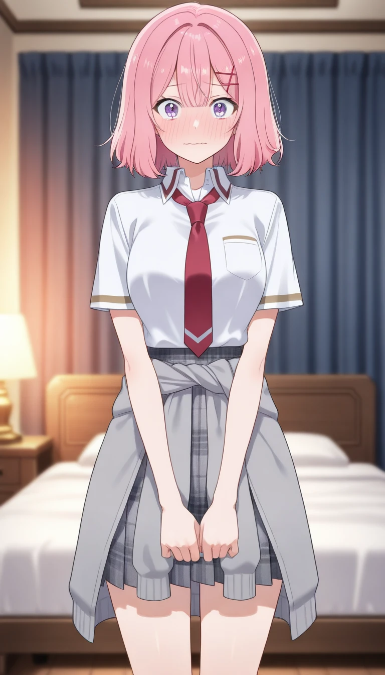 Mastepiece、masterpiece、highest quality、Super detailed、High resolution、8K Portrait、High definition CG of Unity 8k wallpaper、Cute little:1.5、Loli:1.5、Highly detailed CG Unity 8k wallpaper、Realistic、Real person、 Portrait Photography、Shiny skin、High definition、(16 years old:1.2)、(1 girl)、Beautiful clear eyes、extremely detailed description、Delicate face、Nice lips、Slim body、(thin waist)、Thin legs、(bed room:1.6)、1 Girl, Cute, Perfect Face, seriously, (blush:1.5),(Pink hair bob:1.3),(hair ornaments),(big breasts:1.3),(School uniform:1.3),((skirt lift:1.5)),(looking at view),(from front:1.2),(disapproval face:1.5),nsfw,(take off panty:1.5)