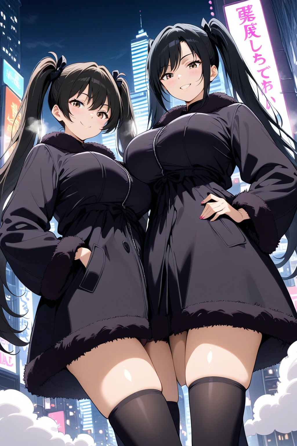 (highest quality, masterpiece, High resolution)、(anime art)、19 years old, large breasts, triple D cup breasts, round buttocks, bubbly buttocks, wide hips, bubbly ass, fit and strong, slender body,、soft light、two girls、black hair、Black cat costume、White Cat Costume、Tabby cat costume、Striped cat costume、Persian Cat Costume、(3-color cat costume)、(loose t-shirt)、loose shirt、off shoulder、sexy mini dress、(Cat ear)、bob cut、semi-long、bun hair、hair ornaments、choker、Cute face details、enchanting smile、small breasts、whole body、(cat pose)、((crawl on all fours))、beckoning、playing、dance、Cat jarashi、Crackers popping、 Decoration、((white background))、