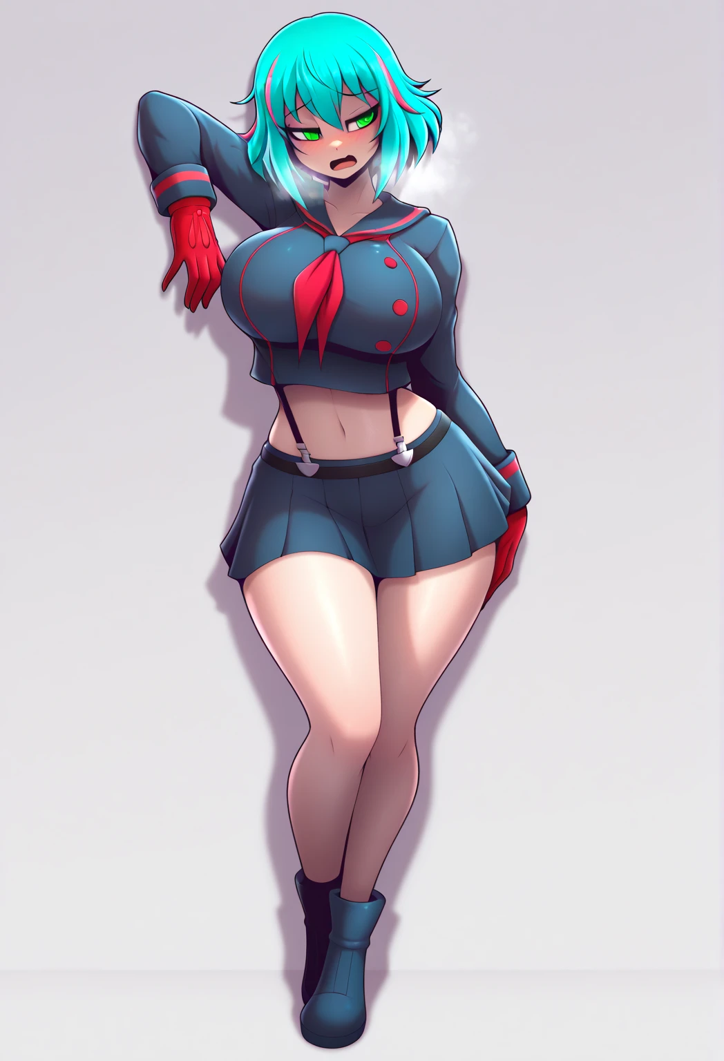 ((Glaceon)), anthropomorphic, big boobs, big ass, pokemorph, (((1girl))), (((red and white striped bikini top))), (red and black striped zip-up hoodie), (black stockings), (white sneakers), full body, cute and sexy, icy blue skin, (black skirt), long legs