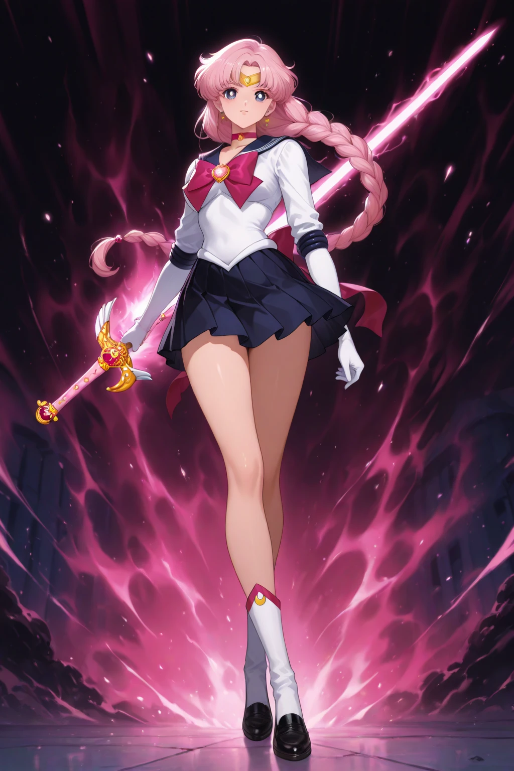 (((Masterpiece))), (best qualighy, best resolution:1.2), beautiful anatomy, perfect body, very delicate, super gorgeous hair, very long and beautiful hair, high ponytail, pink hair ornament, multicolored hair, absurderes, glowing eyes:1.2, tight green lycra shorts, black strapless crop top :1.3, clothes under clothes, full body, pigeon-toed, holding a sailor moon stick, (beautiful surreal cloud world scenery), unique art, most beautiful art, ((ultra detailed)), beautiful details, ((nice drawn hands and fingers)), (most beautiful legs), depth in field, cinematic lightining, colorful, intricate