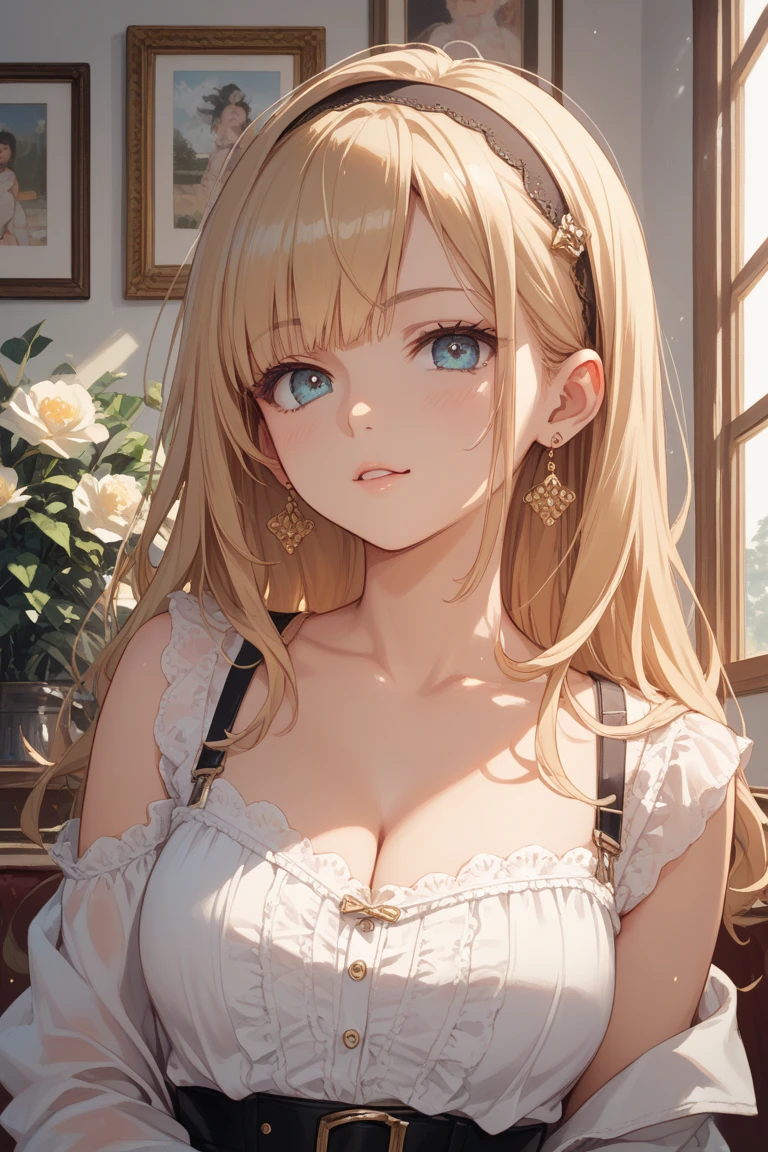 side angle, (looking away:1.5)、hand on own cheek、looking up, Cleavage、Biologically correct five fingers、Upper Body, Realistic, real person, (pale skin: 1.2), RAW photo, photorealistic, shiny skin, shiny hair、(A 25-year-old woman with medium-length hair and bangs) and (wavy hair) and (Blonde Hair) and (green eyes) , BREAK (white) and (off shoulder blouse) BREAK 、 (embarrassed:1.5), The background is the living room、Alone、Are standing