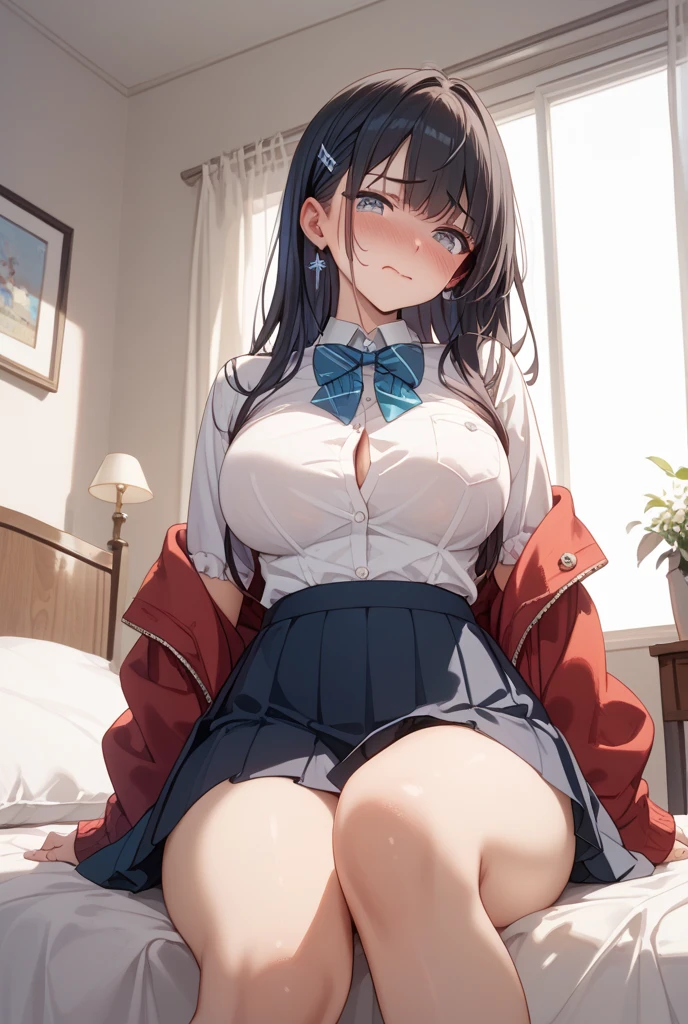absurdres, Realistic, extremely detailed CG unified 8k wallpaper, Highly detailed, High-definition raw color photos, professional photograpy, Realistic portrait, Cinematic Light, (midnight sky from the window), big window, Beautiful detailed, ((Angle from below)), dark brown hair, ((asymmetrical bangs)), a mature female, A straight medium hair, bob cut ,blue eyes, (Beautiful breasts:1.5), (crying:1.0), closed mouth, ((diagonal bangs)), (Bukkake:1.3), (realistic skin:1.3), (Best Quality:1.4), Super Detail, High quality, ​master piece, lifelike, (After SEX), cum in pussy, pussy, Perfect face, Silly, (student uniform with skirt), (cum on chest:1.3), Sharp Focus ,Delicate Beautiful Hair and Eyes and Face, Delicate eyes, radiant eyes, Lifelike, Hyper-detailing, (colossal tits:1.６), ((exposed breast)), Beautiful cute woman, Exposed, white skin, wet skin, very wet, wet body, cum, closed mouth, (no panties:1.3), camel-toe details, Indoors, (Big breasts:1.６), (Cowboy Shot), (close up), NSFW, sexy legs, thighs, sexy thighs, (Sit with your knees bent), (sitting with legs apart), (supporting one's body with one's hands), ((open legs)), (bending leg), (In the sea), (clothes taken off), (Cowgirl), (cum shots), ((arms behind back)), arms are down, Dripping from the crotch, Overflowing from the crotch, ((Sexy legs)), thighs, (natural pussy), (nude lower body), (pov sex),