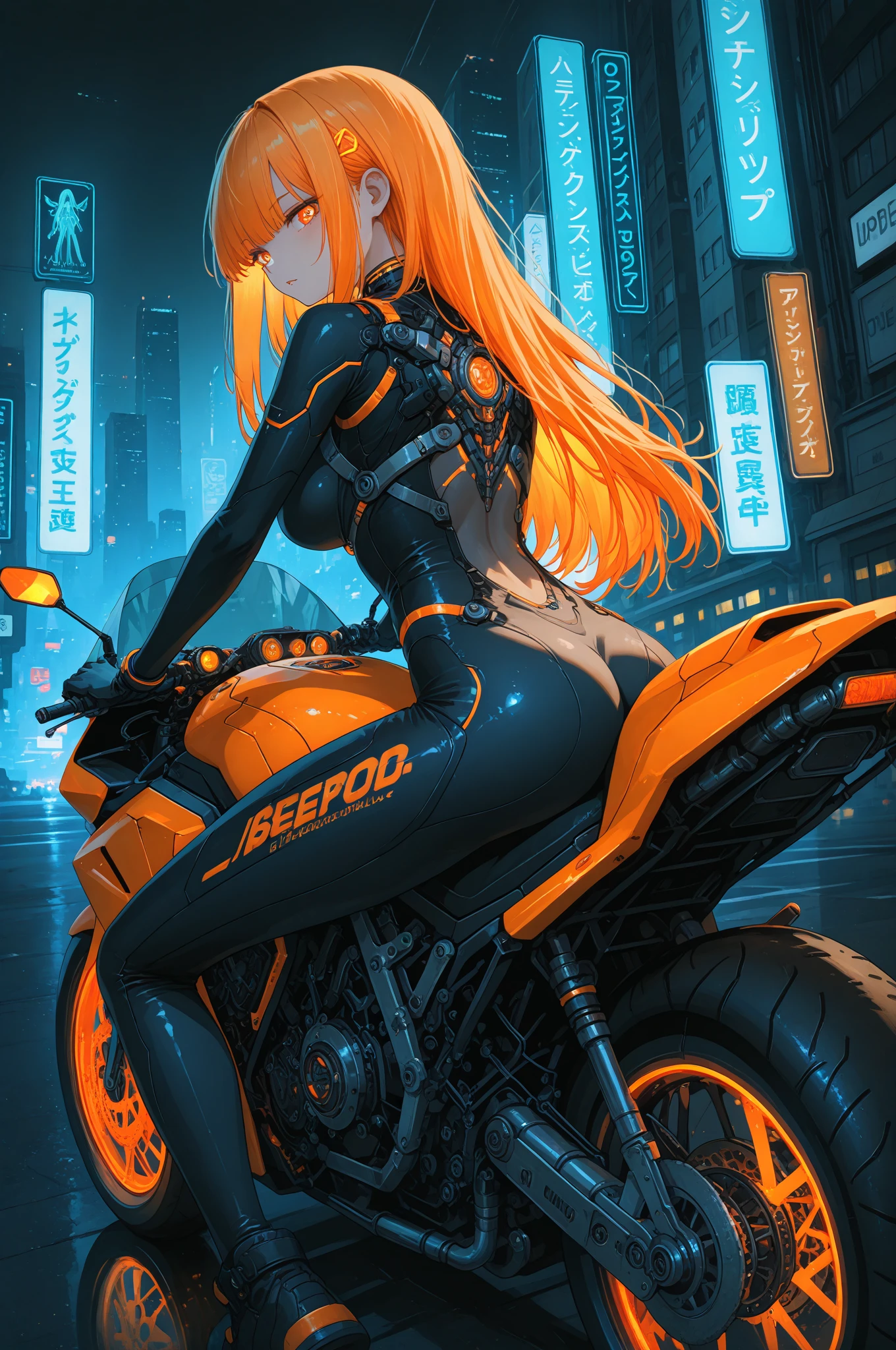A girl character with vibrant orange hair big  sits astride a sleek orange motorcycle. Her long hair cascades down her back, contrasting with the black, form-fitting  she wears, which has reflective highlights enhancing her dynamic appearance. The cityscape in the background suggests a futuristic, hi-tech environment, illuminated by numerous neon signs and billboards featuring stylized lettering. The atmosphere conveys a cyberpunk theme with a mix of bright neon colors against the darker city backdrop. The motorcycle, adorned with various cryptic logos and text, adds to the high-tech vibe. The setting suggests a bustling, advanced metropolis, with the lighting primarily coming from the neon glow around, casting interesting reflections on the character and the bike, exuding a sense of speed and modernity. Overall, the image captures a fusion of energy and style, typical of a sci-fi animated theme.