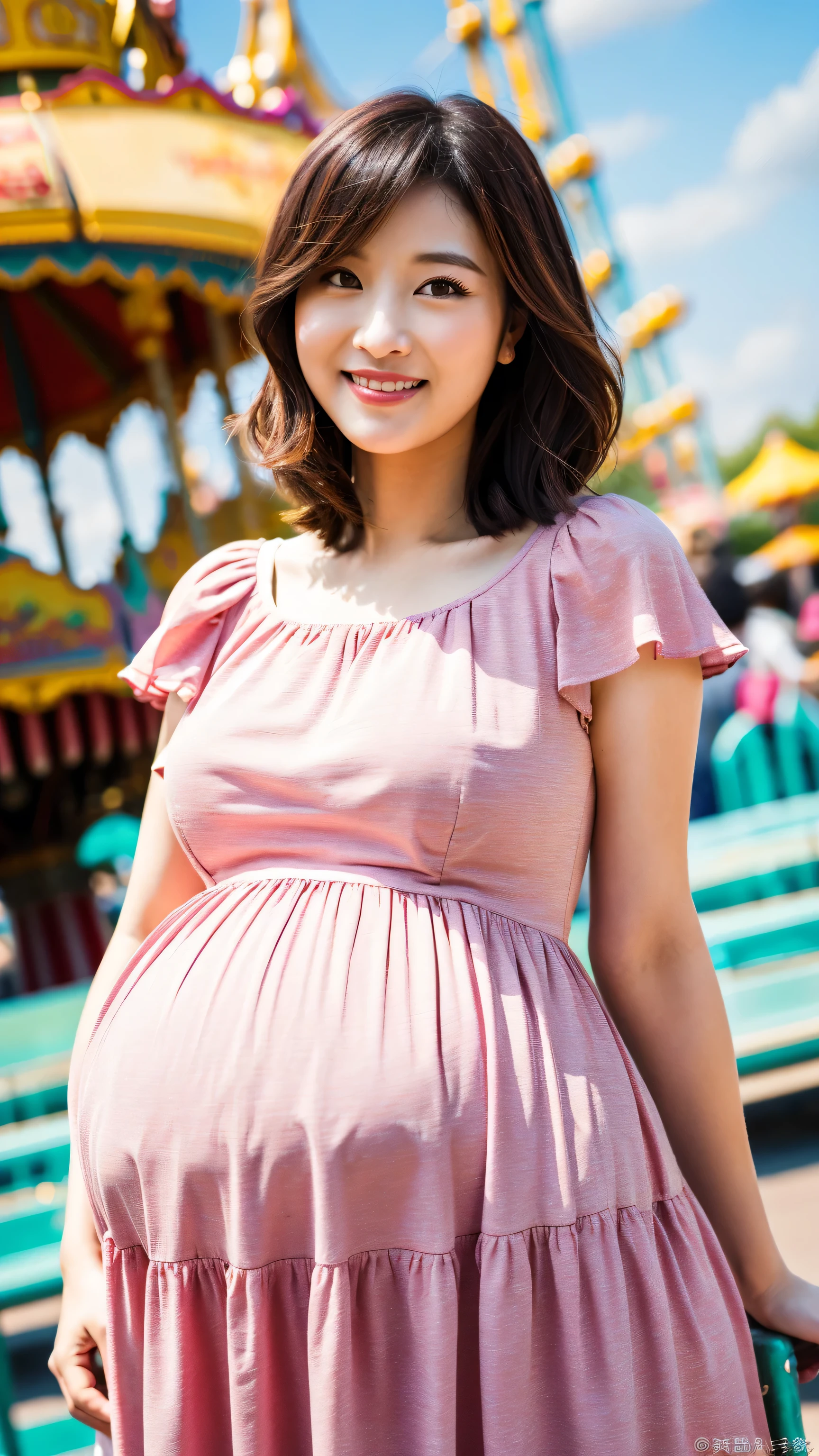 Masterpiece, the best quality A woman in a pink dress and white sneakers standing next to a basket of fruits, (pink), simple dresses, dresses and fabrics, cute dresses, pregnancy, pastel pink, dresses, pastel clothes, pink pastels, peach and goma style, dresses in pink, fashion clothes, pink girls with clear faces, live-action style, --auto --s2