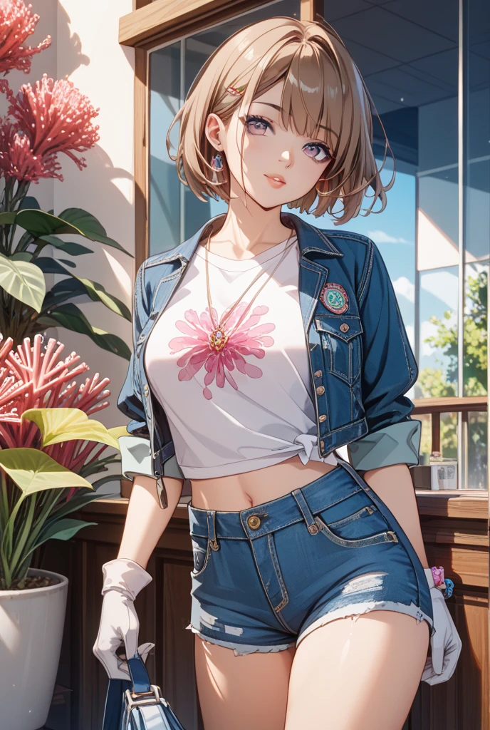(masterpiece:1.1),(super realistic:1.0)(extremely detailed, intricate details, highres,2.5d:1.1), BREAK (Orange themel:1.4), BREAK (Violet Evergarden:1.3), Digital Fashion, cowboy_shot, BREAK 2 girls, (Camisole:1.2), (ripped denim bootie shorts), Diamond earrings, Espadrilles, BREAK short bob cut, blonde, BREAK ((An abstract gradient background in green and white color, in the style of Grainy textured, light yallow and green)),flower blossom