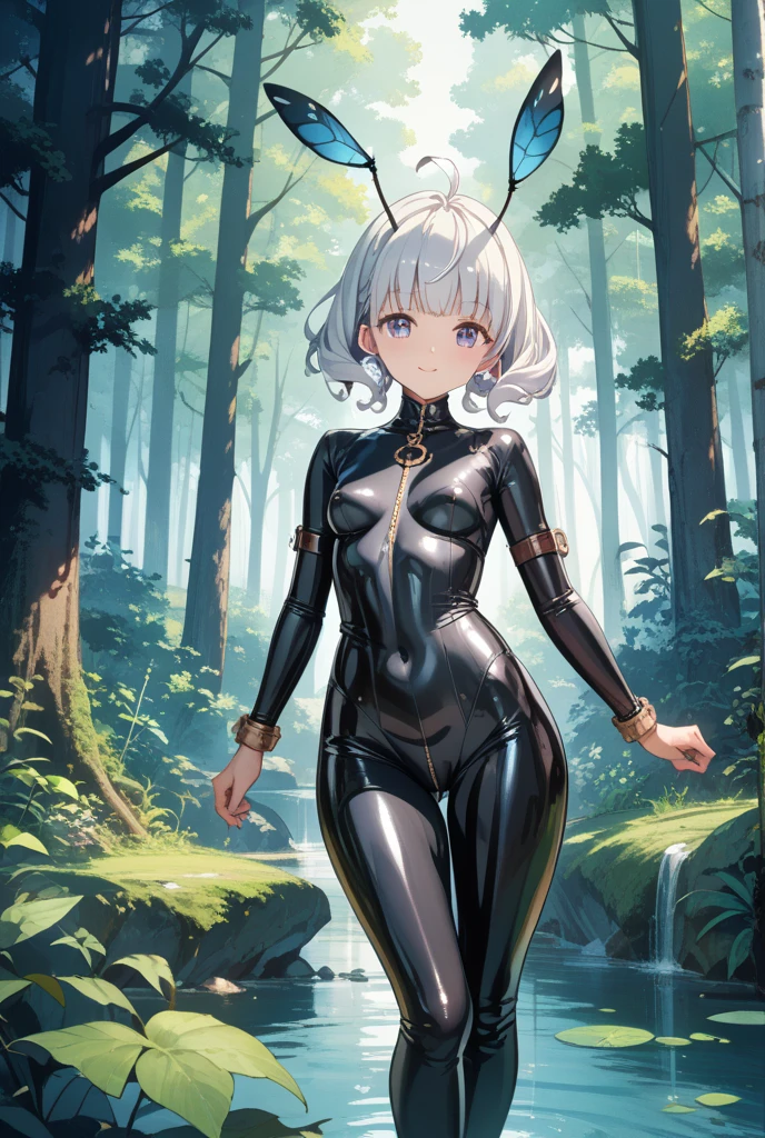1boy, trap, wood elf, short spiky white hair, green eyes, full lips, confident smile, dark skin, flat chest, black latex bodysuit, crotch bulge, fantasy background, textured skin, UHD, UHD, UHD, UHD, award winning, high details, incredible high-key lighting and shadows, masterpiece, incredible illustration, forest background