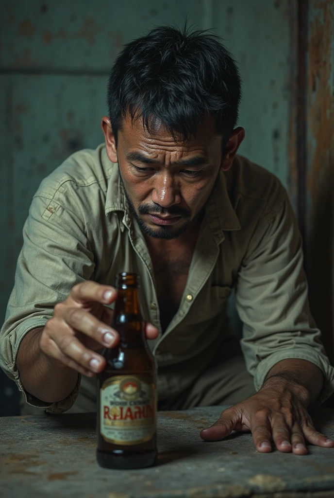 hyperrealistic full body photo of a man with a sad face who is drunk on alcohol, his hand holding a black label brand drink bottle from his mouth, disgusting vomiting, under the photo there is the writing "SUDAH BAU TANAH". The photo is very detailed, clear and fine