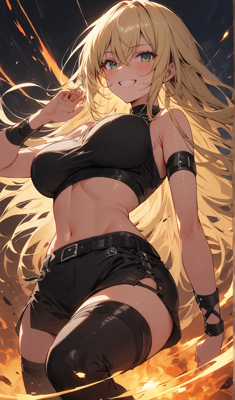 adult girl, longue blonde hair, red eyes, Bear ears, musculature, Scars, open belly, Brown Barbarian Top, Barbarian pants, claws, combat pose, Rage, bear, Masterpiece, hiquality