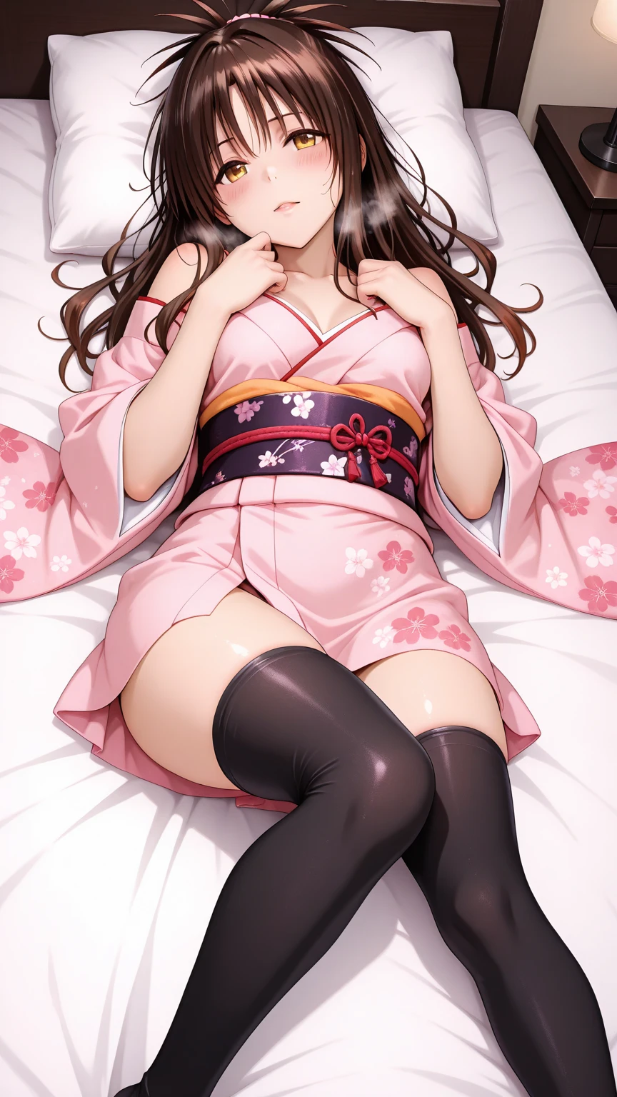 (Photorealistic:1.8, Highest quality:1.8,8K masterpiece:1.8,High resolution,Mastepiece:1.8,RAW Photos,Cinematic lighting)、A masochistic woman tied up with rope、Lying on your back、Top view angle、
(Japanese Kimono、A super mini kimono with a beautiful and cute orchid-style floral pattern:1.5、choker)、Breast Rope、Thigh rope、(Shoulders bare:1.3)、Bare thighs、Beautiful fair skin、Black Pink Jenny's pause、Random Pause、
Spread your legs、Thick pubic hair、Plump、Genitals are visible