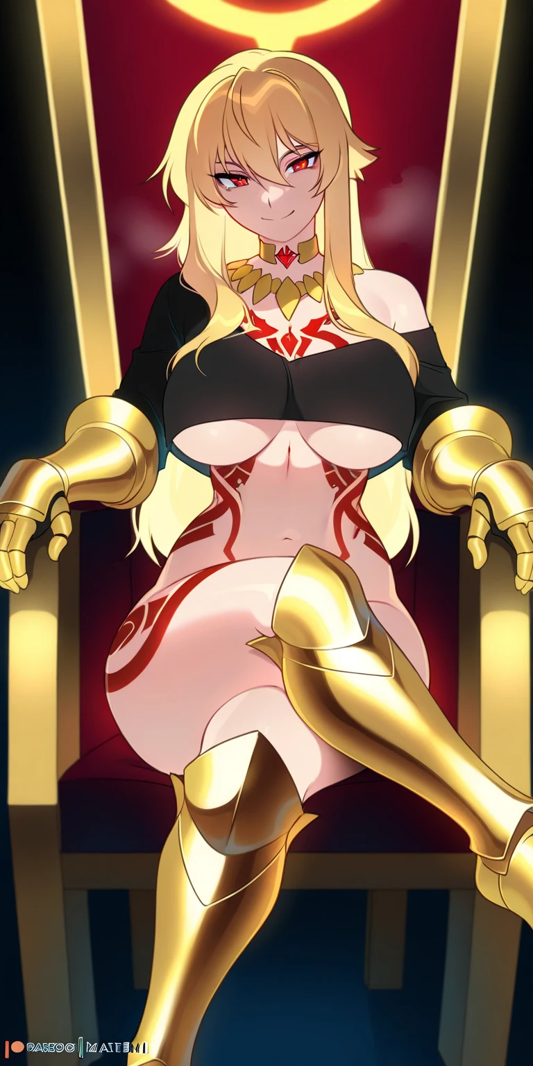 17yo girl, elf, golden hair, hime cut, long hair, J cup breast, thicc thigh, erotic body, golden string pasties on tits, golden pasties on pussy, golden bracelets, golden collar, golden necklaces, golden throne, golden cape, golden tiara, golden heels, gorgeous, sitting on throne, string net on legs, holding golden cane, throne room scene, clear view.