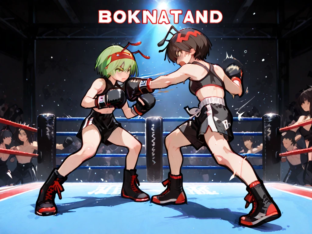 masterpiece, best quality, 1girl, short medium black hair in ponytail, brown eyes, black tank top, medium breasts, black striped shorts, (Text Bubble), comic about boxing match, fight, puched in face, punched in stomach, hurt, pouty face, noxing ring, looking straight at camera, pov, Border, (profiles:0.3), 4 panels,