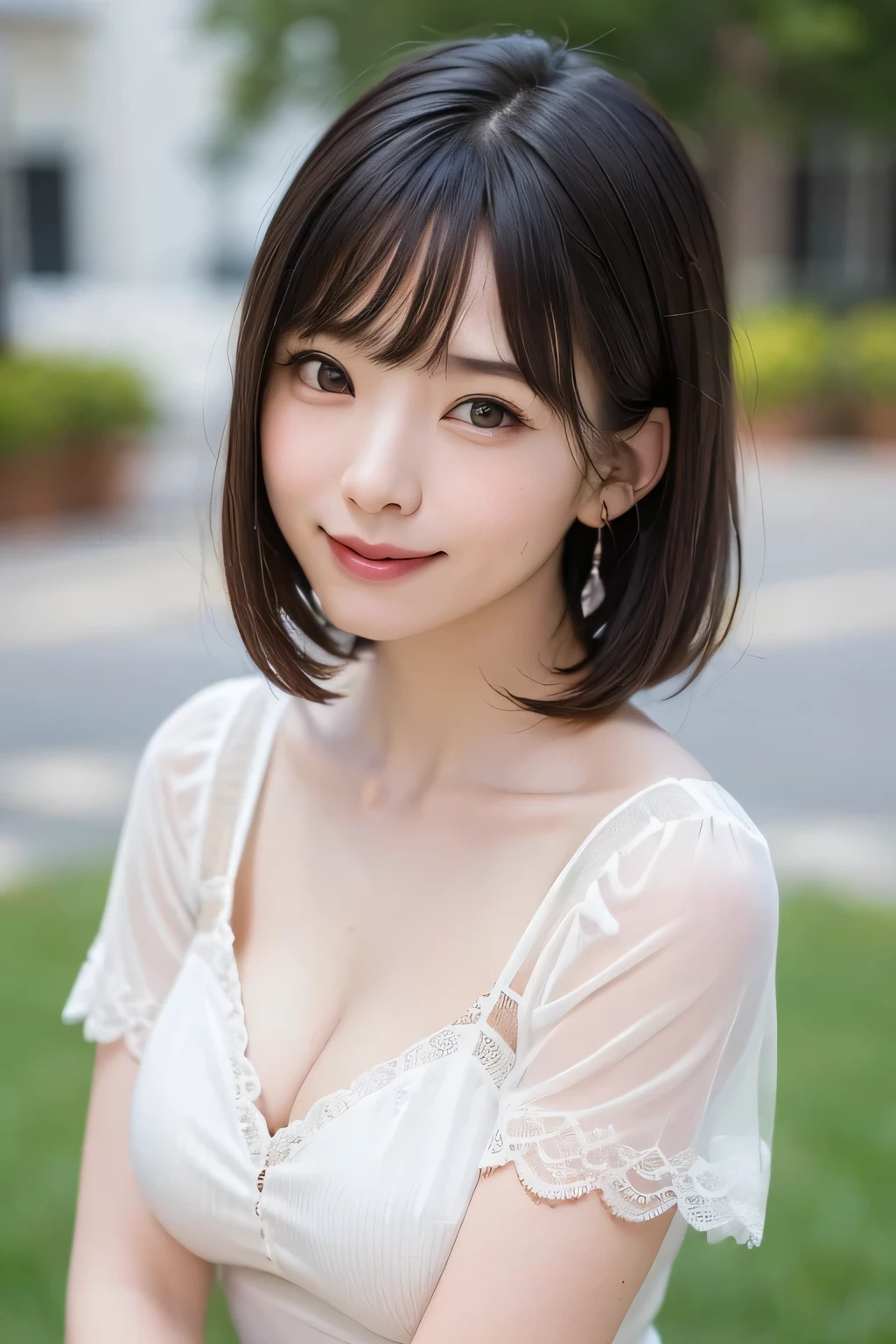 Medium Shot、((Upper Body))、(highest quality:1.5)、(Realistic:1.5)、(1 person:1.5)、(Very detailed)、(High resolution)、8k、((Wear an off-the-shoulder dress))、Slightly small breasts、Natural color lips、Cute Smile、20-year-old girl、(Beautiful and elaborate face)、(Perfect and beautiful face)、(Big eyes)、(Beautiful and elaborate face)、(Beautiful, balanced eyes)、Perfect and beautiful double eyelids、Perfect and beautiful face、Arched eyebrows、 Thin eyebrows、Feminine poses、Slim face、Slim figure、Beautiful and thin nose、 Beautiful Skin、(Medium Bob Hair)、Natural Bangs、Fair skin、Front lighting、(Lighting the face)、(Beautiful cleavage)、Deep blue eyes、Slim waistline、Red Roseが沢山咲いた庭園、Red Rose、Rose flower、squat、