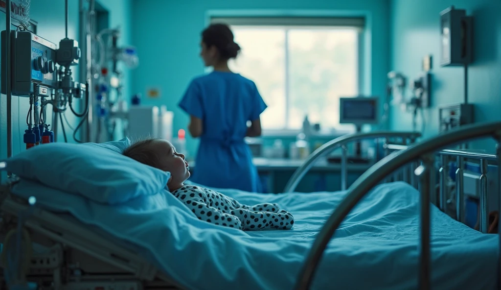 Create me a picture of a child in critical condition in a hospital 