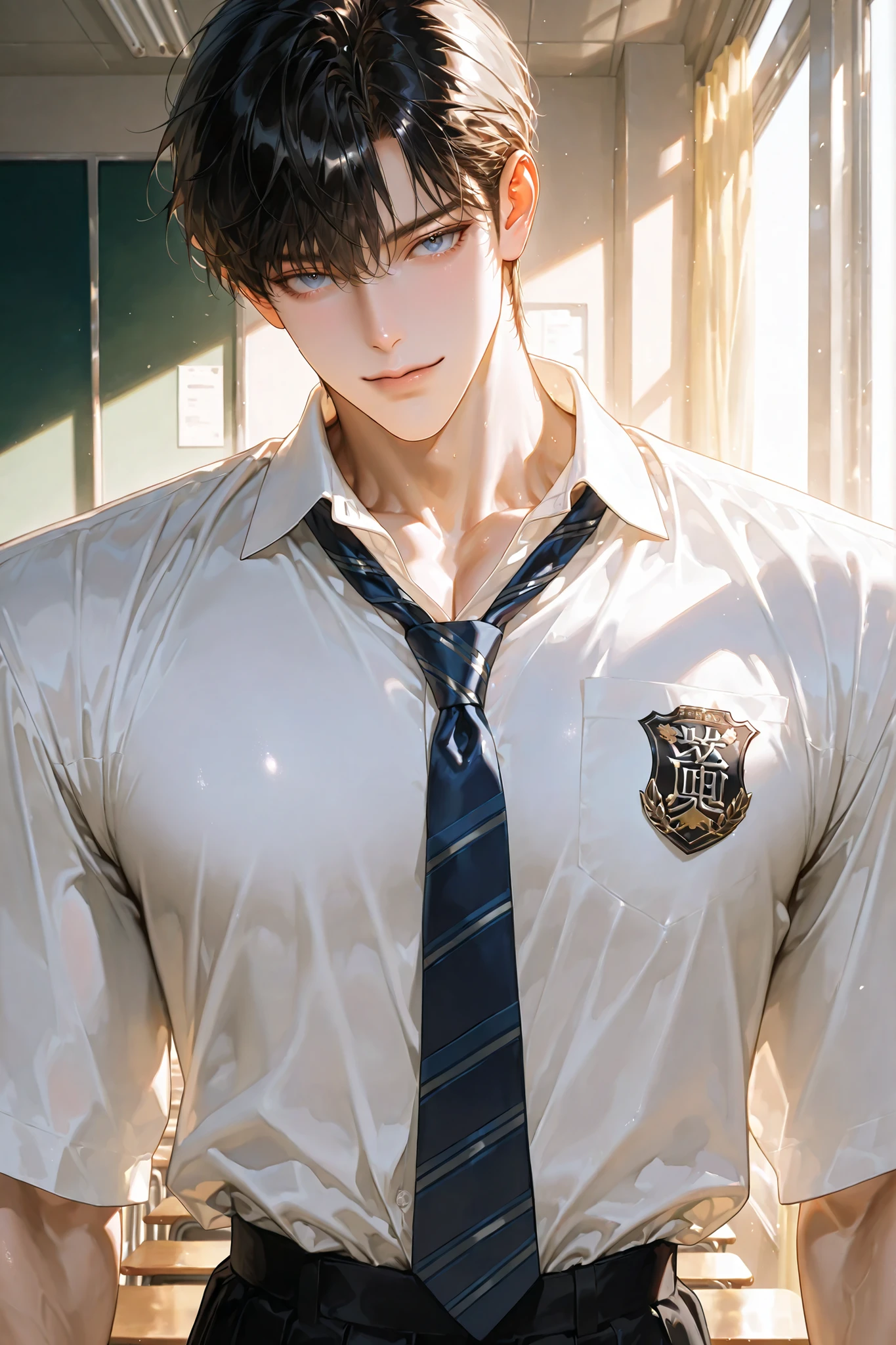 8k , male solo image, only 1 man, good focus ,body proportions , Anime Eyes ,  Nice body ,  male solo image , No Gems , toned，tall, masterpiece, best quality, Detailed Eyes ,looking at viewer beautiful masterpiece ,25 year old male , handsome , refreshing , mature , one person , male centered , handsome man , thick paint , perfect eyes , semi-realistic art , semi-realistic art style , looking straight ahead , top quality , amazing quality , exquisite details , highly detailed , mature , alone , bright skin , perfect eye shape , looking straight ahead , pectoral muscles , muscular , A Korean high school boy in his final year wearing a neatly pressed dark school uniform, white shirt,  He smiles softly, standing in a classroom filled with warm sunlight.