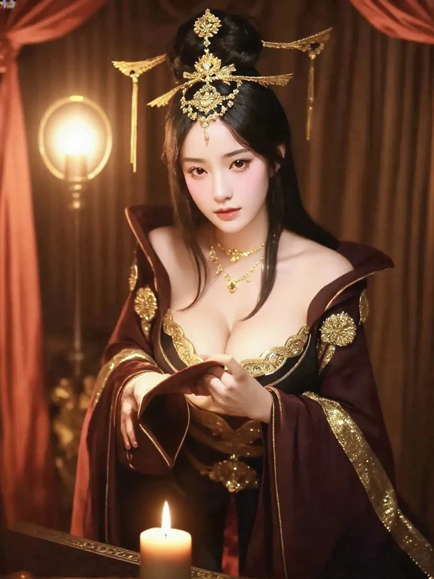 （Front Focus），Surrealist portraits of women by David Hockney and Alphonse Mucha，((ultra gigantic tits))、((Upper body naked))、( Exposed)、witch's house、((Engaging pose))、Fantasyart，((rabbitears))、the witch、(((Golden short hair)))、((Sexy embroidered red and gold and black witch costume))、((High quality red and gold and black witch costume with sexy embroidery))、((Sexy Witch、High quality red and gold and black witch costume with less fabric embroidery))、Sexy embroidery beautifully embroidered on red and gold and black witch costume，Decorated with fine witch costumes and fine jewelry with fine embroidery，photographrealistic，动态照明，art  stations，poster for，Volumetriclighting，extra detailed face，4 k''，((Colossal tits))、With diamonds，Sexy thighs，exposing the abdomen ,Chest 1 Girl, In the Dark, deepshadow, low tune, Cowboy Shot,(official clothing:1.4), The eyes are confused and seductive，legs separated