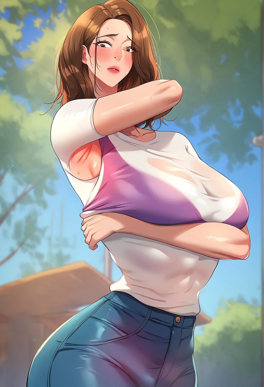 Sarah, orange hair, lips, upper body, open mouth, angry, blush, looking at viewer, teeth,
SarAtt, hoop earrings, midriff , pink shirt, denim jeans, shoes,
abs, 1boy,
outside, neighborhood, cartoon, GUIDED BREAST GRAB
GUIDING HAND
POV HANDS
(insanely detailed, beautiful detailed face, masterpiece, best quality) <lora:Sarah-ED-10:0.8> <lora:Crazy_ExpressionsV2:0.7> <lora:POVBREASTGRAB_V2_b_:0.7>