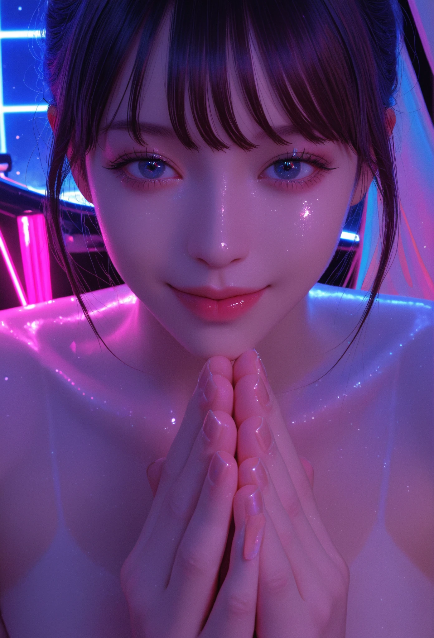 Beautiful girl small breasts, cyber punk, 1、(((Are standing)))、(whole body:1.1), Knee socks,, Perfect Eyes, Perfect Face, Kuvshinov, (Gradient Background:1.2),(((Upper body naked))),(((Half ?????))),(((Nipples))),(((??????))),Very cute smile、Main navel