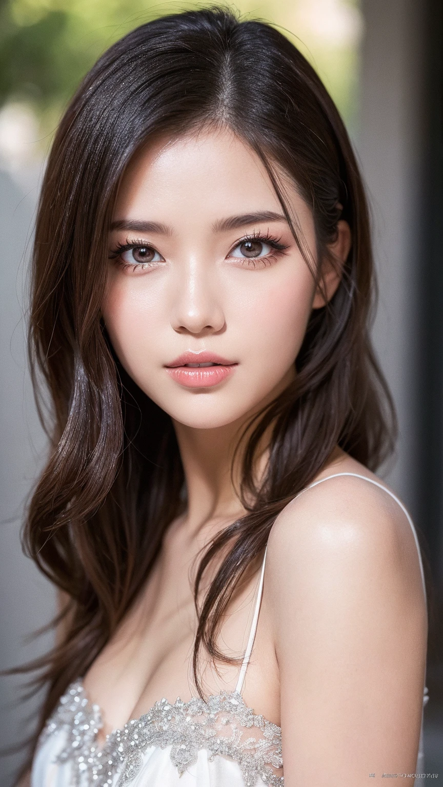 Tabletop, Highest quality, shape, Very detailed, finely, High resolution, 8k wallpaper, 完璧なダイナミックな構shape, Beautiful and beautiful eyes, Floral feminine girl fashion,Wavy Hair,Emphasizing the cleavage of her huge breasts、Gentle calm eyes、Natural color lip, Bold sexy pose,smile,Harajuku、20-year-old girl、cute、sexy shot looking at camera、Waist up shot、Outdoor soft natural light