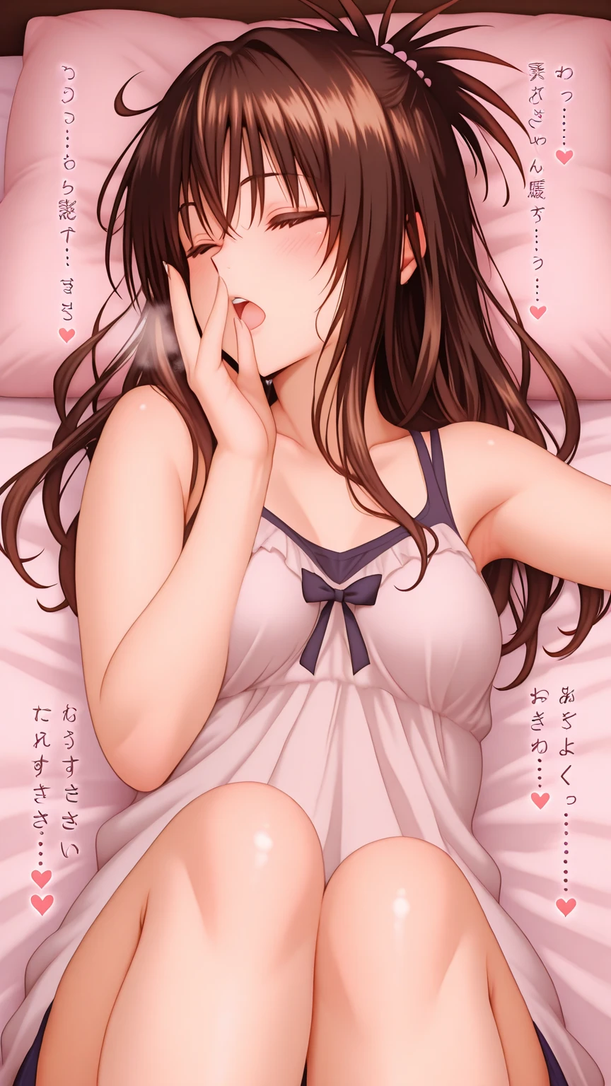 (Shot from above), ((masterpiece)), ((Highest quality)), beautiful少女, 17 years old, (Girl lying down), (Red cheeks), ((Sexy shot)), ((Very detailed)), (8k), Highest quality, (beautiful),beautiful 顔, ((Embarrassed, Lips open)), whole body, White sheets, White shirt, ((beautiful胸のライン, Short-sleeved shirt, )), , White pleated skirt, (White panties), beautiful茶髪, beautiful黒い瞳,  Detailed hair,Slender body,(( Medium chest, beautiful身体のライン)),  ((White panties)), The hem of the skirt flaps, Knee Up, Embarrassed face, Shot from above