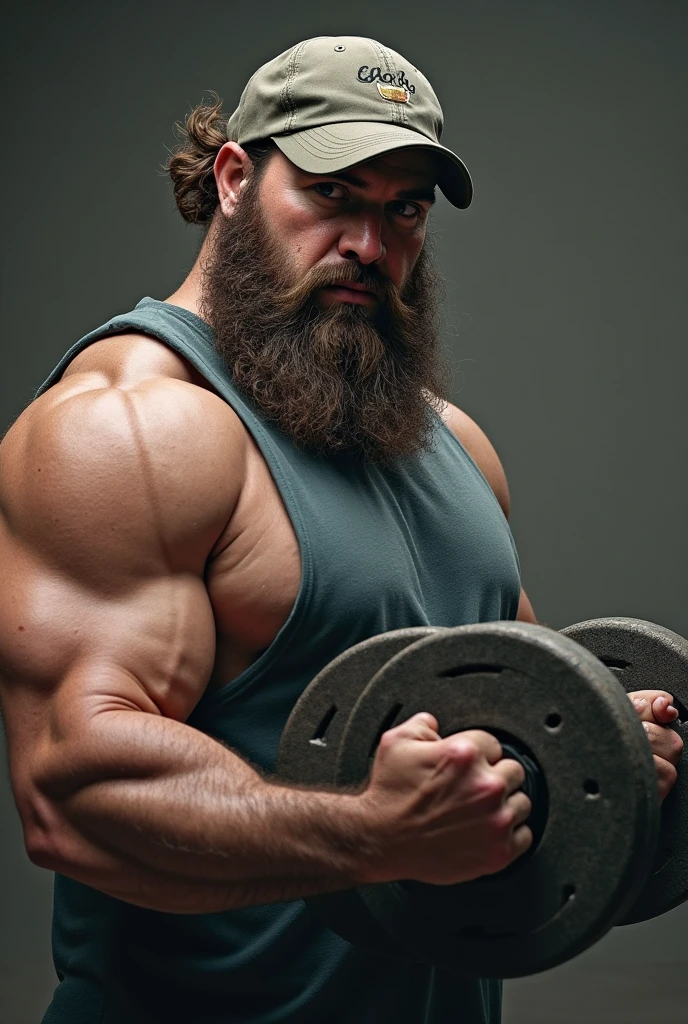 A mighty barbarian. Whole body image of an Absolute monster of a Caucasian man is showing off his huge bicep muscles and meaty thighs. Huge huge shoulders, he is as broad as he is tall. 35 years old. Blond, very close cropped beard, powerfully muscled, massive shoulders and biceps. well-defined six pack. Exceptionally thick gold cross necklace. Intimidating smile