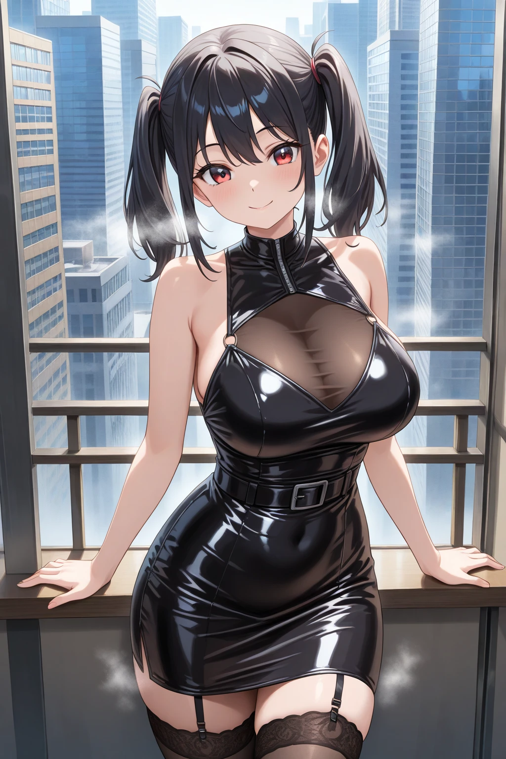 masterpiece,best quality,High resolution,Fine details,Realistic,solo,Adult Woman,blush,curvy,Large breasts,Sweat,Oily skin,(Red Bow Tie),(Black Bunny Costume),Net Tights,(Bar),((Night)),Frontal,(ambient light)