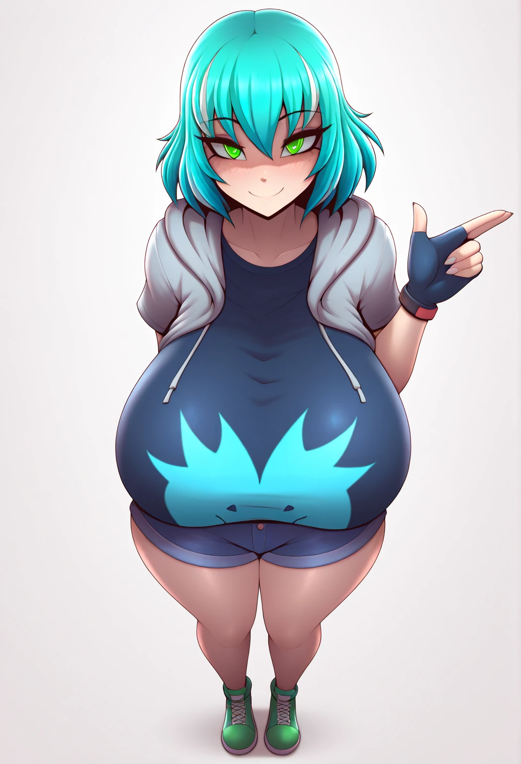 A pretty girl with a big chest, dark blue hair, mini Bob, her tenderness, her light orange eye, she wears a white shirt with blue ribbon, a black chest, a school sweatshirt and a dark blue metallic skirt, huge thighs, a sexy butt.