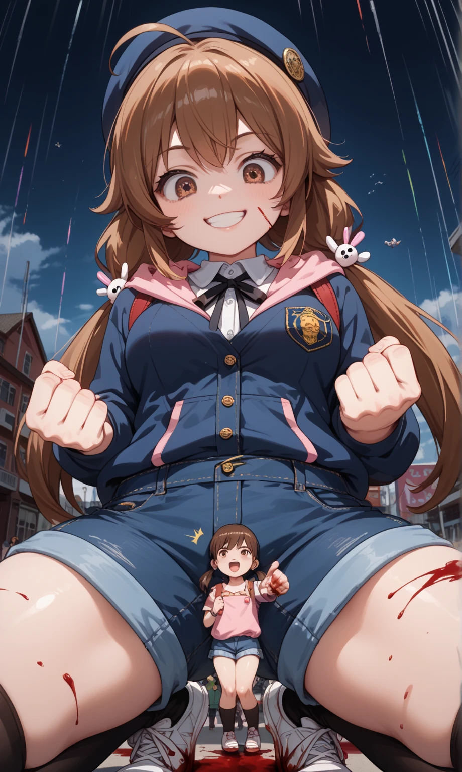masterpiece, Highest quality, Nico_Yazawa,High resolution, 1 Girl, alone, Brown Hair, short hair, Twin tails、Purple eyes, Cowboy Shot,, (Cleavage)、(Beautiful thighs)、city, Outdoor, garden, Carrying a red backpack, (randoseru backpack:1.2) Sweaty、Thick thighs、Highest quality、4K、1girl, 8years old, loli, cute, grin, 、、In the city、Lots of spectators、、Thick thighen holding their penises and surrounding girls、Semen from the penis、Bukkake、Bukkake、(Bukkake)Mesgaquismiles