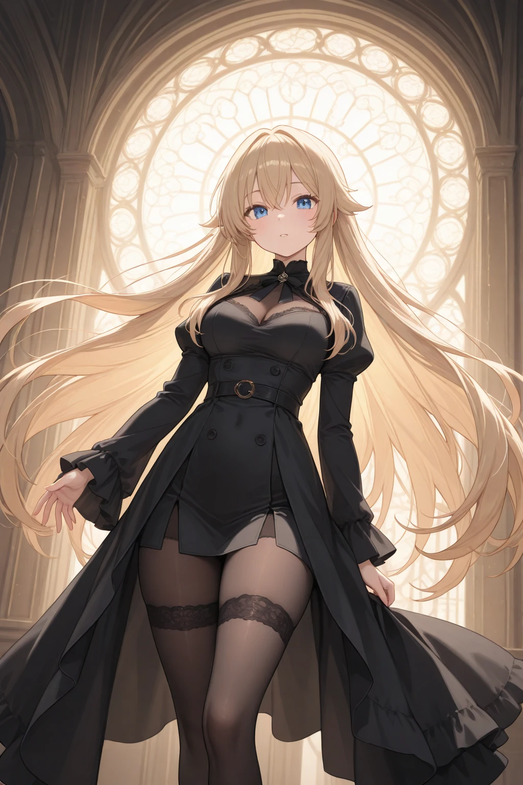 (Victorian oil painting style, best quality, highest quality, HDR, raytracing:1.3)
BREAK (full body shot:1.4) of a girl standing in front of a (gothic palace, marble floor, pillars, chandelier, large window, shiny floor:1.3), (very long blonde hair with split bangs, wavy hair, massive breasts:1.4)
BREAK exposed arms and shoulders, black shirt, (print on shirt:1.2), (black metal print shirt:1.4), <lora:DeathMetal:1>, (underboob:1.2), navel, midriff, thighhighs, garter straps, (grey plaid pleated tartan skirt)
BREAK Mary Janes