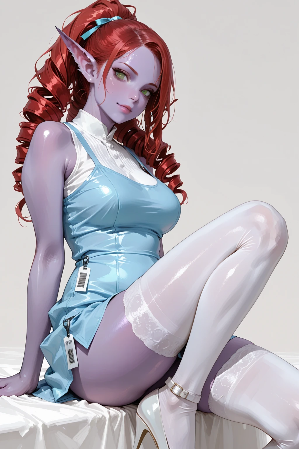 A realistic rendering of an Anne Anderson style illustration of a very close shot, ultra close shot on the breasts  of a pert, nubile, thin, freckled  teen   girl with 50s style,  Blue hair, bows in hair, slight smile, topless, best quality, tiny breasts, bare breasts, small breasts, bare crotch, exposed crotch, open legs, legs spread open,  pink nipples , puffy nipples , exposed nipples , wearing a clear, pink, plastic body armor, clear pink plastic armor, clear, pink, plastic body harness, clear, pink, plastic body cage,  pink bondage straps, black, spiked  choker necklace, black leather jacket,  a silver chain wrapped around body, open, white blouse, white lace collar, pastel lace, pastel lace straps under nipples, pastel lace straps under breasts,  open light blue, fuzzy sweater, undressing,        
  uniform, partially clothed, sitting  in a bondage harness swing, in a darkened, pink, neon lit, 1950s teen girl's bedroom, glowing pink, neon lights, full of bondage straps,, ultra close shot on breasts, very, very close shot on breasts 