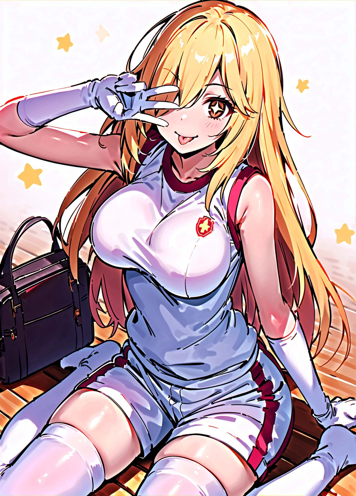 (masterpiece), best quality, expressive eyes, perfect face, oni chichi, airi akitsuki, dakimakura, top view, full body, solo, akizuki airi, White shirt, open shirt, medium breasts, nipples, jean short, red belt, blue eyes