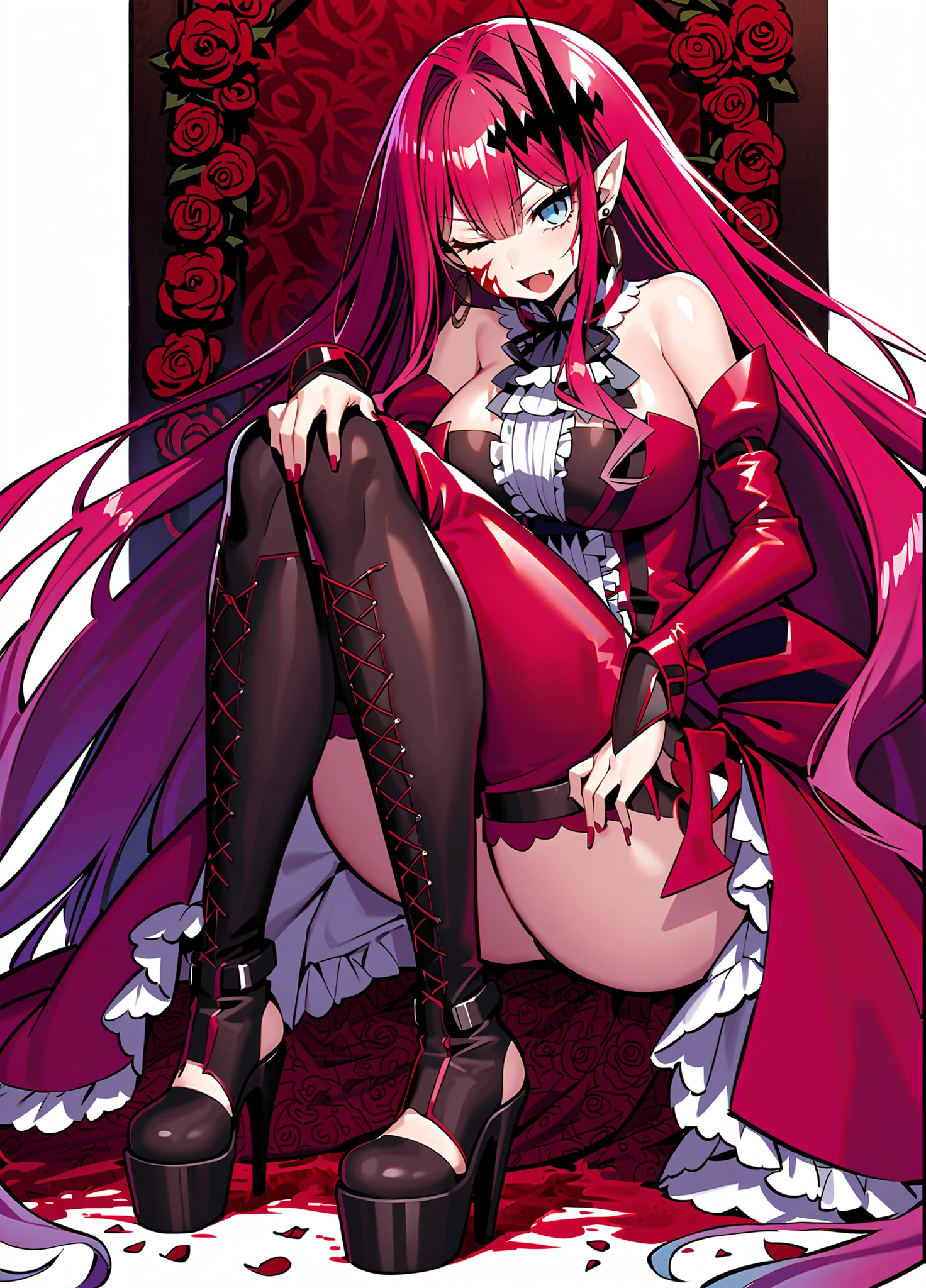 1girl, arm_up, ahoge, blue_eyes,bed, red_hair, rias_gremory, bed_sheet, black_legwear, blush, bra, breasts, cleavage, collarbone, dakimakura_(medium), full_body, hair_ribbon, large_breasts, long_hair, long_sleeves, looking_at_viewer, lying, on_back, on_bed, panties, red_hair, ribbon, school_uniform, shiny, skirt, solo, thighhighs, underwear