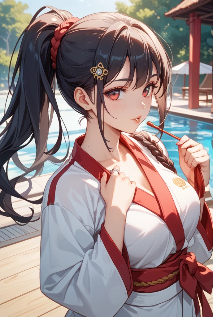 nsfw, woman, (Bunny ears), open mouth, Showing tongue, Glasses, Small breasts, (shrine maiden, japanese clothes, detached sleeves), hakama short skirt, long hair, black hair, open legs, Rainy, (man, penis), (sex, woman on top)