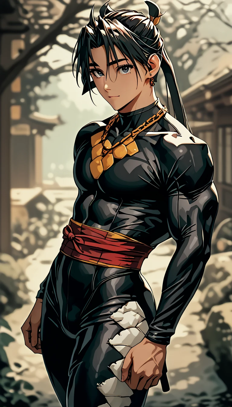 Yoruichishihouin, Yoruichi Shihouin, long hair, (yellow  eyes:1.5), cabelo roxo, darkskin, dark skinned male,
break bodysuit, body preto, bare arms, bared shoulders, 
break outdoors,
break looking at viewer, (cowboy shot:1.5),
break (work of art:1.2), best qualityer, high resolution, unity wallpaper 8k, (illustration:0.8), (beautiful detailed eyes:1.6), extreme detailed face, perfect lighting, extremely detailed CG, (perfect hands, Perfect Anatomia),