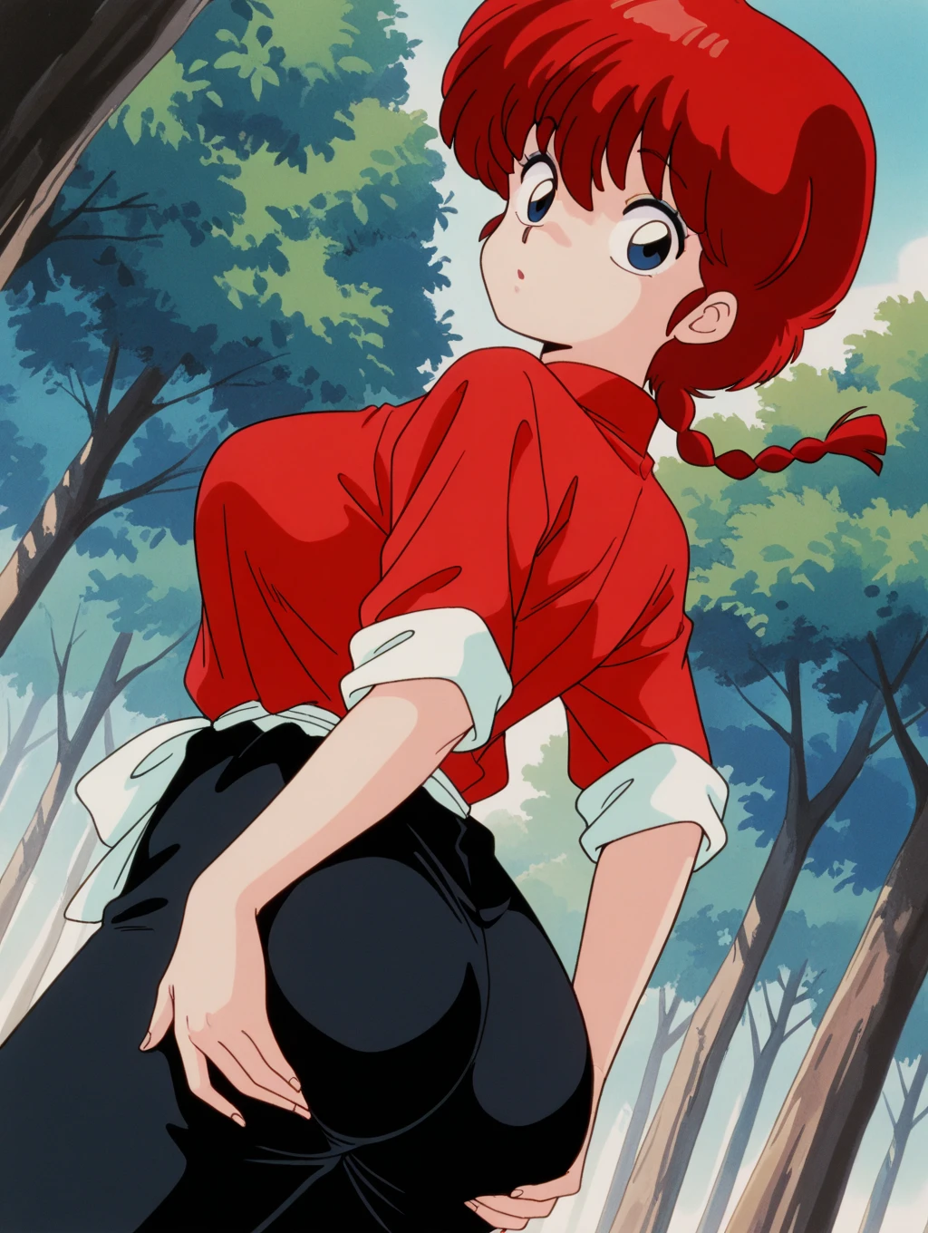 Fujisaki Shiori,1girl,retro artstyle,solo,1990s (style),blue ,yellow hairband,long hair,big tree,blue skirt,outdoors,red hair,shoes,standing,school bag,serafuku,red eyes,pleated skirt,((skirt lift, pussy, exposed pussy,))
