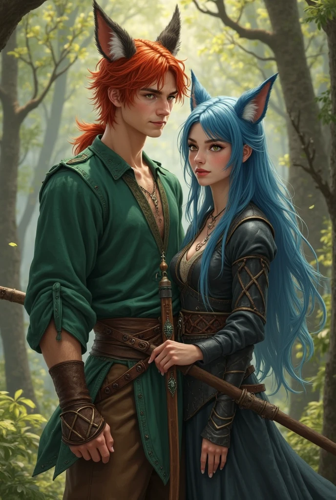 A tall man with long green hair, She wears military clothing and has fox ears and eight green fox tails. In front of her is a slightly smaller woman with orange hair., He wears a yellow shirt and military pants, He has orange fox ears and five tails of the same color., None of them have human ears