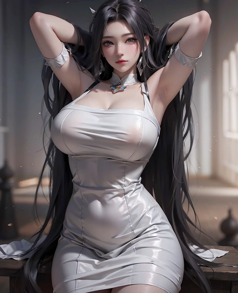 Black Hair、I have long hair、female、White Dress、Blushing、Straight Hair、palace、reservoir、Super long hair、Hair that reaches the ground、head band、Show me your forehead、Drooping eyes、Adult female sex、Big Breasts