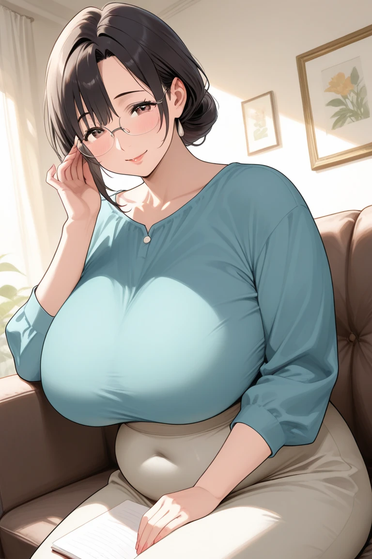 detailed illustration, dynamic angle, ultra-detailed, illustration, 1girl, mid 40’s year old, dark, night, in a fancy home, sitting in a family room, wood paneled ways, beautiful wood table, dark wood floors, oriental rugs, nighttime, obese and thicc milf , silk waist-long dark hair , big round firm belly, purple sweater, strained pants, soft smile, motherly and nurturing, look, cute, tight clothes, tight pants, pants unbuttoned, pants unzipped, belly spilling out,pants can’t contain belly, erect nipples,