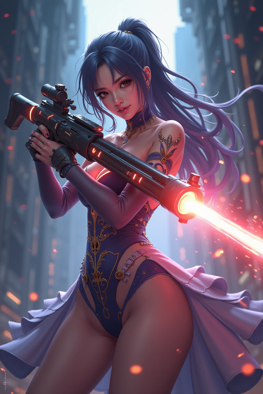 Luciwilde is a sexy cyborg with a entirely electric purple metallic body(obviously mechanical), metal helmet stylized as a fashion model hairdo (no hair visible), and a completely human face. She is flying through space propelled by jets in her feet. She has a guitar with a laser rifle built into it. Full body shot, show all of her, action pose with her weapon, best quality, extreme attention to detail, beautiful face